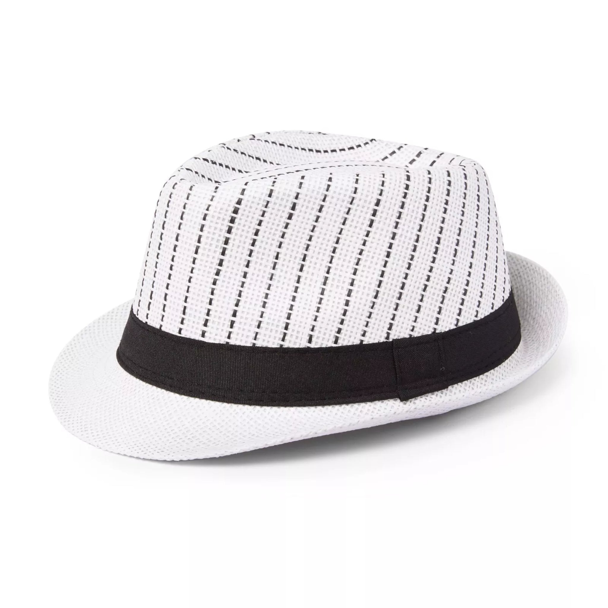 Nicky Adams unisex striped trilby hat –  white straw summer hat with black band for men and women